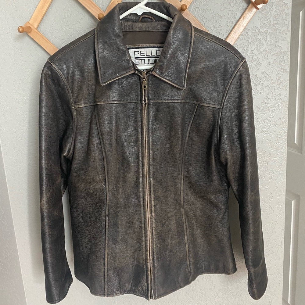 Perfectly distressed brown leather jacket